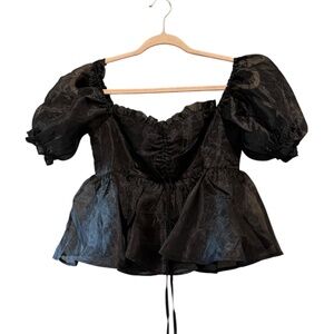 Mable by Anthropologie Black Mesh Babydoll Top with Front Tie